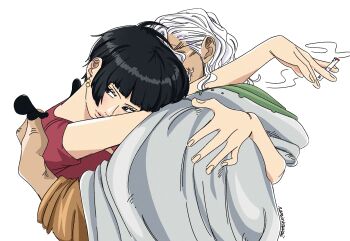 Rule 34 | 1boy, 1girl, black hair, blunt bangs, bob cut, cigarette, earrings, eyelashes, highres, holding, holding cigarette, hood, hug, jewelry, namixkawaii, one piece, shakuyaku (one piece), shirt, sidelocks, silvers rayleigh, simple background, smoke, t-shirt, twitter username, white background, white hair