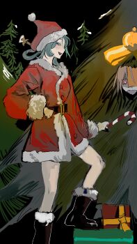 2girls belt black_boots blue_eyes blue_hair boots cerevevisiae christmas_present christmas_tree christmas_tree_costume fang from_side fur_trim gift grey_hair hand_on_own_hip hat highres jiangshi kaku_seiga looking_at_viewer miyako_yoshika multiple_girls open_mouth parted_lips red_eyes santa_costume santa_hat smile touhou