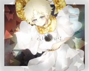 1boy blonde_hair blue_eyes blush border closed_mouth commentary_request fate/grand_order fate_(series) grey_border kyosyaku long_sleeves looking_at_viewer male_focus robe scarf short_hair smile solo voyager_(fate) white_robe yellow_scarf