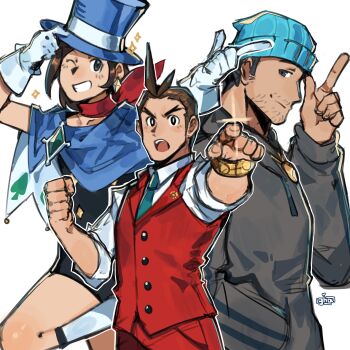 1girl 2boys absurdres ace_attorney antenna_hair apollo_justice apollo_justice:_ace_attorney aqua_necktie beanie beard_stubble black_dress black_hair blue_cape blue_hat blue_necktie bracelet brown_eyes brown_hair buttons cape closed_mouth club_(shape) collared_shirt diamond_(shape) drawstring dress earrings facial_hair forked_eyebrows formal_clothes gem gloves graysheartart green_gem grey_hoodie grin hand_up hat highres hood hood_down hoodie index_finger_raised jewelry lapel_pin lapels long_sleeves looking_at_viewer magician multiple_boys mustache_stubble necktie one_eye_closed open_mouth pants phoenix_wright pointing pointing_at_viewer red_pants red_scarf red_vest scarf shirt short_hair simple_background sleeves_rolled_up smile spade_(shape) sparkle standing stubble suit top_hat trucy_wright vest white_background white_gloves white_shirt