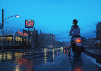 1girl black_hair blue_sky building cat city cloud cloudy_sky diner door evening female_focus from_behind jacket light long_hair motor_vehicle motorcycle multi-lane_road new_york_city on_vehicle original outdoors power_lines radio_antenna realistic reflection restaurant revision road satellite_dish scenery sky slice_of_life solo standing street tamaki_(tamaki_illust) united_states utility_pole wet white_jacket window
