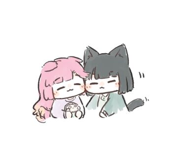 2girls :3 animal_ears anyoji_hime anyoji_hime_(sega_lucky_lottery_sleepwear) ao_kaeru black_hair blonde_hair blunt_bangs blunt_ends blush bob_cut cardigan cat_ears cat_girl cat_tail character_doll cheek-to-cheek chibi chibi_only closed_eyes dog_ears dog_girl dog_tail doll gradient_hair green_cardigan heads_together highres holding holding_doll kemonomimi_mode link!_like!_love_live! long_hair love_live! momose_ginko momose_ginko_(sega_lucky_lottery_sleepwear) multicolored_hair multiple_girls nesoberi open_cardigan open_clothes pink_hair purple_shirt shirt short_hair tail tail_wagging virtual_youtuber