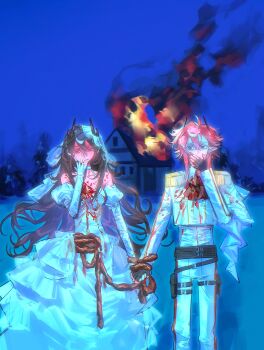 1boy 1girl absurdres black_eyes black_gloves black_hair blood blood_on_chest blood_on_clothes blue_background bridal_veil bride burning burning_building character_request chinese_commentary closed_mouth commentary_request copyright_request detached_sleeves dianbo635 disembowelment dress epaulettes fingerless_gloves fire gloves guro hand_on_own_face highres horns intestines jacket juliet_sleeves long_hair long_sleeves orange_hair outdoors pants procreate_(medium) puffy_sleeves red_nails short_hair_with_long_locks sleeveless sleeveless_dress smile smoke veil very_long_hair white_dress white_jacket white_pants