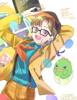 18trip 1girl :d black-framed_eyewear black_hat blazer blue_shirt brown_hair brown_pants check_commentary clapperboard collared_shirt commentary_request cosplay crossdressing crossdressing_(ftm) curtained_hair glasses gonzales_(love_live!) hat highres holding isotake_akuta isotake_akuta_(cosplay) jacket kachimachi_kosuzu link!_like!_love_live! looking_at_viewer love_live! my_life_is_no_cut! necktie open_clothes open_jacket open_mouth orange_necktie pants pink_eyes plaid_clothes plaid_pants sakari_(pear_8_ll) shirt smile solo suspenders translation_request virtual_youtuber yellow_jacket