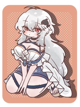 Rule 34 | 1girl, :/, ahoge, alternate costume, animal hair ornament, arknights, bare shoulders, between legs, black choker, blue shorts, breasts, casual, choker, cleavage, commentary request, criss-cross halter, crossed bangs, detached sleeves, double-parted bangs, feet, fluffy hair, full body, grey hair, hair ornament, hairpin, halterneck, hand between legs, highres, kneeling, large breasts, long hair, looking at viewer, nunnuje a u e, orange background, platform sandals, polka dot, polka dot background, red eyes, sandals, shirt, short sleeves, shorts, sidelocks, skadi (arknights), solo, tsurime, very long hair, white shirt