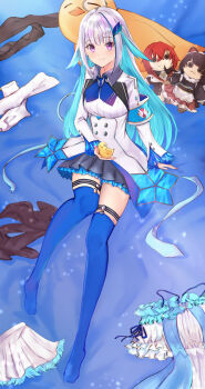 1girl absurdres ange_katrina ange_katrina_(1st_costume) arm_support armband bird bird_on_hand blue_armband blue_background blue_hair blue_neckerchief blue_skirt blue_thighhighs breasts button_eyes buttons character_doll closed_mouth collared_shrug colored_inner_hair commentary_request doll double-breasted dress frilled_skirt frilled_sleeves frills full_body grey_skirt hair_ornament high-waist_skirt highres inui_toko inui_toko_(1st_costume) layered_skirt legwear_garter lize_helesta lize_helesta_(1st_costume) lize_helesta_(2nd_costume) lize_helesta_(7th_costume) long_hair looking_at_viewer miniskirt misto_(nnvy3472) multicolored_hair neckerchief nijisanji purple_eyes sanbaka_(nijisanji) sebastian_piyodore shirt shirt_tucked_in shrug_(clothing) sitting skirt small_breasts smile socks streaked_hair thighhighs two-tone_hair unworn_clothes unworn_dress unworn_skirt unworn_socks very_long_hair virtual_youtuber white_hair white_shirt white_shrug white_skirt yellow_bird zettai_ryouiki