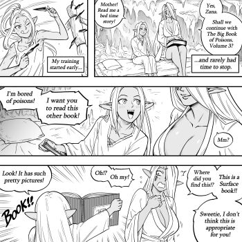 Rule 34 | 2girls, absurdres, aged down, bb (baalbuddy), book, breasts, cave, cleavage, dark-skinned female, dark elf, dark skin, elf, english text, futon, hair over one eye, highres, knife, large breasts, long hair, mature female, mother and daughter, multiple girls, open book, original, plunging neckline, pointy ears, ponytail, queen vellathia, sitting, speech bubble, throwing knife, weapon, zana (dark elf stepsister)