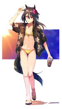 106staygold 1girl absurdres animal_ears arm_up bikini black_shirt blue_sky brown_hair commentary_request cup drink drinking_straw ear_ornament flat_chest flip-flops floral_print flower front-tie_bikini_top front-tie_top full_body gradient_sky hair_between_eyes hair_flower hair_ornament hawaiian_shirt highres holding holding_cup horse_ears horse_girl horse_tail ice ice_cube legs letterboxed light_smile medium_hair multicolored_hair orange_sky outside_border parted_lips ponytail red_eyes sandals shirt short_sleeves side-tie_bikini_bottom sky solo star_(sky) starry_sky stay_gold_(umamusume) stomach streaked_hair sun sunlight swimsuit tail umamusume walking white_hair white_mouth yellow_bikini