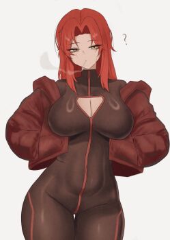 1girl ? absurdres black_bodysuit bodysuit breasts cigarette cleavage cleavage_cutout clothing_cutout commentary english_commentary gebura_(project_moon) highres jacket large_breasts lobotomy_corporation long_hair open_clothes open_jacket pmlbtmlorlc project_moon red_hair red_jacket simple_background smoke smoking solo standing white_background yellow_eyes
