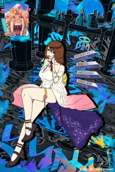 1boy 1girl absurdres adapted_costume alternate_costume blonde_hair brown_hair english_text fan_screaming_at_madison_beer_(meme) final_fantasy final_fantasy_x final_fantasy_x-2 high_heels highres holding holding_microphone may_(may_lee8) medium_hair meme microphone music open_mouth screaming singing sitting smile tears tidus yuna_(ff10)