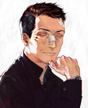 1boy bandaid bandaid_on_face bandaid_on_forehead bandaid_on_nose black_hair black_shirt collared_shirt ctkcave earrings facial_hair goatee hand_on_own_chin injury jewelry looking_to_the_side male_focus mature_male original parted_hair portrait shirt short_hair simple_background smirk solo watch white_background white_eyes wristwatch