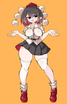 1girl :d absurdres belt black_eyes black_hair black_skirt blush breasts collarbone full_body hands_up happynalga hashtag-only_commentary hat highres large_breasts legs medium_hair open_mouth pointy_ears pom_pom_(clothes) red_shoes shameimaru_aya shirt shoes short_sleeves skirt smile socks solo thick_thighs thighhighs thighs tokin_hat touhou white_socks white_thighhighs yellow_background yellow_shirt zettai_ryouiki