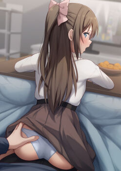1boy 1girl ass belt black_belt blue_eyes blush bow brown_hair brown_skirt clothes_lift clothing_aside commentary_request food fruit girl_on_top grabbing_another&#039;s_ass grabbing_from_behind groping hair_bow hetero highres kotatsu long_hair long_sleeves looking_at_viewer looking_back love_live! love_live!_nijigasaki_high_school_idol_club orange_(fruit) osaka_shizuku panties panties_aside pink_bow plate shirt skirt skirt_lift table toyasu_aina underwear white_shirt
