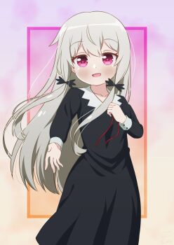 1girl blush collarbone dot_nose dress feet_out_of_frame female_focus flat_chest grey_hair highres long_hair looking_at_viewer open_mouth reaching reaching_towards_viewer solo sophie_twilight standing tonari_no_kyuuketsuki-san vampire wakata24s