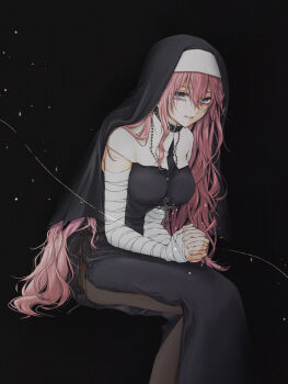 1girl bandaged_arm bandaged_hand bandages bead_necklace beads belt_collar black_background black_collar black_veil blue_eyes breasts collar commentary_request commission cross cross_necklace double-parted_bangs feet_out_of_frame hair_between_eyes highres invisible_chair iron_cross jewelry large_breasts long_hair looking_at_viewer necklace nun original oshamu own_hands_clasped own_hands_together parted_lips pink-haired_nun_(404notfound) pink_hair rosary side_slit simple_background sitting skeb_commission solo veil very_long_hair