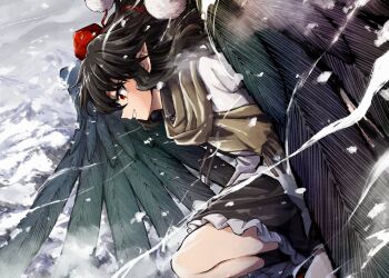 Rule 34 | 1girl, bird wings, black feathers, black hair, black skirt, brown scarf, feathers, frilled skirt, frills, from side, grin, hat, kneeling, mizumoto tadashi, mountainous horizon, oversized wings, pointy ears, pom pom (clothes), profile, red eyes, scarf, shameimaru aya, shirt, skirt, smile, snow, solo, tokin hat, touhou, white shirt, wings, winter