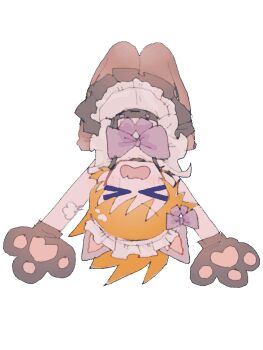 >_< 1boy alternate_costume animal_hands animification apron arms_up black_dress black_pantyhose blush bow commentary crossdressing crossdressing_(mtf) dress eddsworld enmaided fang gloves hair_bow highres lying maid maid_headdress male_focus male_maid matt_(eddsworld) mettya_329 mimukauwa_nice_try_(vocaloid) on_back open_mouth orange_hair pantyhose parody paw_gloves puff_of_air purple_bow short_hair simple_background skin_fang solo spiked_hair upside-down white_apron white_background