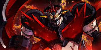embers energy glowing glowing_eyes highres jazz_jack mazinger_(series) mazinger_zero_(mecha) mecha no_humans open_mouth robot shin_mazinger_zero signature super_robot upper_body
