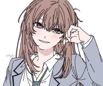 1girl a_jak blazer blush brown_hair collared_shirt commentary_request grey_jacket grey_necktie hand_up jacket korean_commentary long_hair looking_at_viewer necktie parted_lips purple_eyes school_uniform sendai_hazuki shirt shuuniichido_classmate_wo_kau_hanashi simple_background smile solo upper_body white_background white_shirt