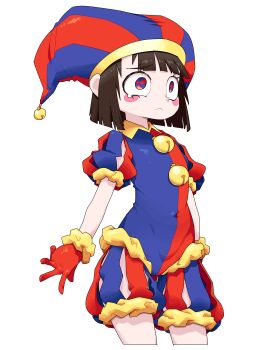 1girl absurdres adapted_costume arms_at_sides bell blue_eyes blunt_bangs brown_hair closed_mouth constricted_pupils covered_navel cowboy_shot cropped_legs female_focus flat_chest gloves hat highres jester_cap jingle_bell looking_afar multicolored_eyes neamosub pomni_(the_amazing_digital_circus) puffy_short_sleeves puffy_sleeves raised_eyebrows red_eyes red_gloves short_hair short_jumpsuit short_sleeves sidelocks simple_background solo standing tears the_amazing_digital_circus two-tone_hat two-tone_jumpsuit white_background