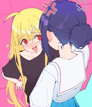 Rule 34 | 2girls, :d, @ @, absurdres, ahoge, anger vein, annoyed, black shirt, blonde hair, blue hair, blue skirt, blunt bangs, blush, cho kaguya-hime!, commentary request, cowboy shot, dinsoreprong64, hair bun, highres, kaguya (cho kaguya-hime!), long hair, looking at another, multiple girls, nape, nervous smile, nervous sweating, open mouth, pink background, pleated skirt, puff of air, purple hair, red eyes, sailor collar, sakayori iroha, school uniform, serafuku, shirt, short hair, short sleeves, single hair bun, skirt, small sweatdrop, smile, standing, sweat, t-shirt, white shirt