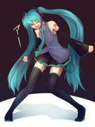 Rule 34 | 1girl, aqua hair, aqua necktie, black background, black skirt, boots, closed mouth, full body, grey shirt, hatsune miku, headset, highres, kakone, long hair, necktie, number tattoo, open mouth, pleated skirt, shirt, skirt, sleeveless, sleeveless shirt, solo, tattoo, thigh boots, twintails, very long hair, vocaloid