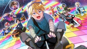 Rule 34 | > <, 6+boys, :d, ^ ^, ahoge, akagi wen, angry, ares (iceparadise), arm tattoo, arms up, bandaged arm, bandages, bandaid, bandaid on cheek, bandaid on face, bandana, bandana around neck, black footwear, black gloves, black hair, blank eyes, blonde hair, blue bandana, blue eyes, blue gloves, blue hair, blue jumpsuit, blue shirt, blue tunic, blue vest, boots, brown footwear, closed eyes, colored inner hair, commentary, cosplay, crossed bangs, dark-skinned male, dark skin, driving, ear piercing, earrings, english commentary, fang, fingerless gloves, flag, gloves, go-kart, goggles, goggles on head, green eyes, green gloves, green hair, green jumpsuit, grey pants, hair between eyes, hair ornament, hibachi mana, highres, hoshirube sho, inami rai, jewelry, jumpsuit, koyanagi rou, krisis, lightning bolt, lightning bolt hair ornament, lightning bolt symbol, link, link (cosplay), long hair, male focus, mario (series), mario kart, mario kart 8, medium hair, motor vehicle, motorcycle, multicolored eyes, multicolored hair, multiple boys, murakumo kagetsu, nijisanji, nijisanji en, nintendo, open clothes, open mouth, open vest, orange-tinted eyewear, orange bandana, orange hair, orange jumpsuit, oriens (nijisanji), pants, parted bangs, piercing, pink hair, purple bandana, purple gloves, purple hair, purple jumpsuit, racing, racing suit, rainbow road, red toad (mario), saiki ittetsu, scar, scar across eye, scar on face, scared, shirt, short hair, short sleeves, sitting, skin fang, sky, smile, space, speech bubble, spoken character, standard kart (mario), star (sky), starry sky, streaked hair, sweat, tattoo, teddy buggy, the legend of zelda, the legend of zelda: breath of the wild, tinted eyewear, toad (mario), toad (mario) (cosplay), tunic, undercut, usami rito, v-shaped eyebrows, vantacrow bringer, vest, vezalius bandage, virtual youtuber, white gloves, white hair, white pants, wide-eyed, wild wiggler, yellow eyes, yu q. wilson