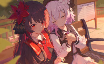 2girls absurdres aplior bench beret black_hair black_hat blurry blurry_foreground chinese_commentary closed_eyes closed_mouth commentary_request fence flower gradient_hair hair_flower hair_ornament hat highres long_hair long_sleeves looking_at_viewer mahou_shoujo_no_majo_saiban multicolored_hair multiple_girls necktie nikaido_hiro on_bench open_mouth outdoors own_hands_together park_bench red_eyes red_flower red_necktie sakuraba_ema short_hair sign sitting smile white_flower white_hair wooden_bench x_hair_ornament