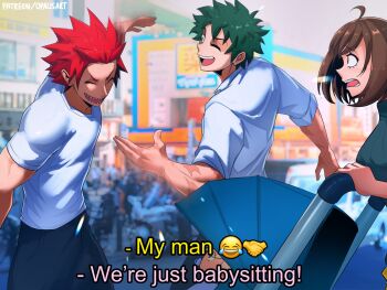 1girl 2boys baby black_sweater blurry blurry_background boku_no_hero_academia breasts brown_hair commentary epic_handshake_(meme) green_hair highres kirishima_eijiro large_breasts meme midoriya_izuku multiple_boys opalis photo_background red_hair sharp_teeth shirt short_hair spiked_hair sweater teeth uraraka_ochako white_shirt