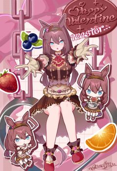 Rule 34 | 1girl, ahoge, animal ears, apron, arm garter, ascot, blue eyes, blueberry, blush, box, box of chocolates, breasts, brown apron, brown dress, brown gloves, brown hair, brown hairband, chibi, commentary request, dress, food, frilled cuffs, fruit, gasatsuneo, gift, gloves, hair between eyes, hairband, highres, holding, holding box, holding gift, holding whisk, horse ears, horse girl, horse tail, long hair, looking at viewer, mihono bourbon (code:glassage) (umamusume), mihono bourbon (umamusume), mixing bowl, official alternate costume, orange (fruit), orange slice, outstretched arms, parted lips, reaching, reaching towards viewer, red ascot, shoes, strawberry, tail, umamusume, valentine, waist apron, whisk