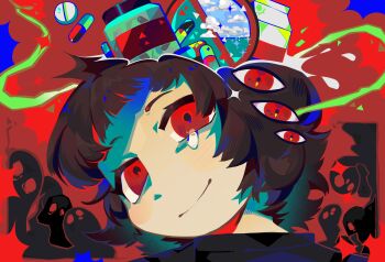 Rule 34 | 1girl, abstract, black shirt, chinese commentary, commentary request, drink carton, extra eyes, eye in hair, ghost, head tilt, highres, looking up, milk-chan (milk series), milk inside a bag of milk inside a bag of milk, no symbol, pill, pill bottle, red eyes, shimenaco, shirt, smile, solo, tearing up, tears