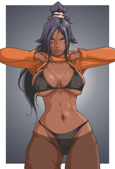 1girl agrothewanderer bleach border breasts clothes_lift collarbone dark-skinned_female dark_skin female_focus hair_ornament large_breasts long_hair looking_at_viewer navel parted_bangs ponytail purple_hair shihouin_yoruichi shirt_lift simple_background standing stomach white_border yellow_eyes