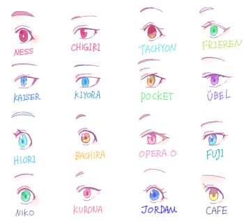 6+boys 6+girls absurdres agnes_tachyon_(umamusume) alexis_ness bachira_meguru blue_eyes blue_lock character_name chigiri_hyoma eye_focus frieren fuji_kiseki_(umamusume) green_eyes highres jungle_pocket_(umamusume) kiyora_jin kurona_ranze manhattan_cafe_(umamusume) michael_kaiser multiple_boys multiple_girls niko_ikki orange_eyes pink_eyes purple_eyes red_eyes seila_rei sousou_no_frieren t.m._opera_o_(umamusume) thick_eyebrows tosen_jordan_(umamusume) ubel_(sousou_no_frieren) umamusume white_background you_hiori