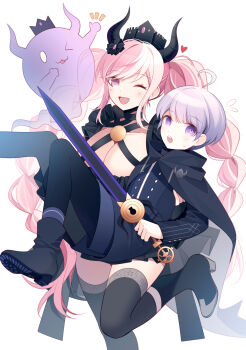 &gt;_o 1boy 1girl :o ;3 ;d black_boots black_coat black_crown black_dress black_horns black_pants black_thighhighs blue_jacket blue_shorts blush boots braid breasts carrying cleavage coat collarbone criss-cross_halter crown demon_girl demon_horns dress dual_persona frilled_dress frills ghost halter_dress halterneck heart highres holding holding_sword holding_weapon hood hooded_coat horns jacket large_breasts leg_up long_sleeves master_detective_archives:_rain_code notice_lines one_eye_closed open_mouth pants pink_eyes pink_hair princess_carry qiao_xing reverse_princess_carry shinigami_(ghost)_(rain_code) shinigami_(rain_code) short_dress shorts simple_background sleeveless sleeveless_dress smile sword teeth thighhighs thumbs_up twin_braids upper_teeth_only weapon white_background yuma_kokohead