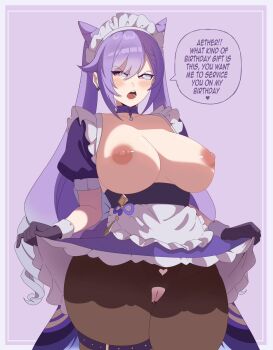 1girl alternate_costume apron aroused averting_eyes border braid breasts breasts_out brown_pantyhose choker clothes_lift clothing_cutout commentary cone_hair_bun cowboy_shot crotchless crotchless_pantyhose double_bun dress dress_lift earrings english_commentary enmaided frilled_apron frilled_dress frills genshin_impact gloves hair_between_eyes hair_bun heart_cutout jewelry keqing_(genshin_impact) large_breasts long_hair maid maid_apron maid_headdress nipples no_bra no_panties open_mouth outside_border pantyhose pendant_choker purple_background purple_dress purple_eyes purple_gloves purple_hair pussy pussy_juice simple_background solo speech_bubble stararts teeth thick_thighs thigh_strap thighs torn_clothes torn_pantyhose tsurime twintails v-shaped_eyebrows very_long_hair waist_apron white_apron white_border
