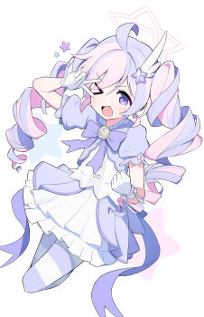 &gt;_o 1girl absurdres ahoge blue_archive bow bowtie clenched_hand colored_skin commentary_request dot_nose drill_hair full_body gloves hair_ornament halo hand_up highres inedibleparts layered_skirt long_hair multicolored_hair multicolored_skin one_eye_closed open_mouth pantyhose purple_bow purple_bowtie purple_eyes purple_shrug reisa_(blue_archive) reisa_(magical)_(blue_archive) shirt short_sleeves shrug_(clothing) simple_background skirt sleeve_bow solo star_(symbol) star_hair_ornament star_halo striped_clothes striped_pantyhose twin_drills twintails v v_over_eye very_long_hair white_background white_gloves white_halo white_shirt