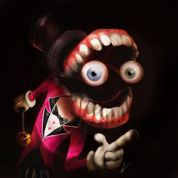 absurdres black_background black_bow black_bowtie black_hat black_pants bloodshot_eyes blue_eyes bow bowtie caine_(the_amazing_digital_circus) collared_jacket commentary darian_quilloy dentures detached_eyes english_commentary formal_clothes gloves green_eyes hat heterochromia highres horror_(theme) jacket looking_at_viewer pants pointing pointing_at_viewer red_suit suit the_amazing_digital_circus top_hat white_gloves