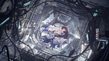 1girl barefoot closed_eyes columbina_(genshin_impact) floating genshin_impact multicolored_hair qi==qi spaceship