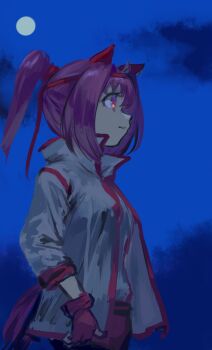 1girl animal_ears bow buruma ear_bow ear_covers flower-shaped_pupils flower_in_eye gloves hairband haru_urara_(bestest_prize)_(umamusume) haru_urara_(umamusume) headband highres horse_ears horse_girl horse_tail inishie_kumo jacket long_hair pink_buruma pink_eyes pink_hair pink_headband ponytail red_buruma red_gloves red_headband shirt smile solo symbol-shaped_pupils symbol_in_eye tail umamusume