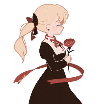 1girl black_dress blonde_hair blush closed_eyes closed_mouth commentary_request cross cross_necklace dated dress earrings flower holding holding_flower jewelry juliet_sleeves long_hair long_sleeves mother_(series) mother_1 necklace nintendo ponytail puffy_sleeves queen_mary red_ribbon ribbon simple_background solo tanba_(tanba-art) tears white_background