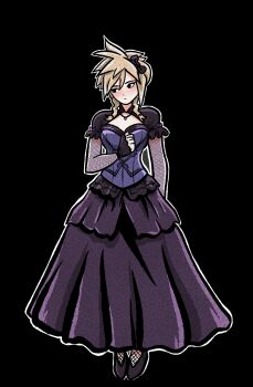 Rule 34 | 1boy, :/, black background, black bow, black shoes, black shrug, blonde hair, blue bodice, blush, bow, closed mouth, cloud strife, cloud strife (blue dress), commentary, crossdressing, english commentary, eyeliner, final fantasy, final fantasy vii, final fantasy vii remake, fingerless gloves, fishnet arm warmers, fishnet leggings, gloves, hair between eyes, hair bow, highres, jewelry, johncaden, layered skirt, long skirt, looking to the side, loose hair strand, makeup, medium sidelocks, necklace, outline, parted bangs, puffy short sleeves, puffy sleeves, purple gloves, purple skirt, shoes, short hair, short sleeves, shrug (clothing), simple background, skirt, solo, spiked hair, white outline