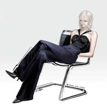 Rule 34 | 1girl, black pants, black shirt, black shoes, blackpink, closed mouth, crossed legs, hair between eyes, halterneck, hands in pocket, high heels, iiiiben, looking at viewer, pants, rose (blackpink), shirt, shoes, sitting, solo, white hair