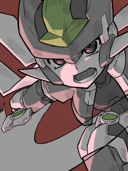 1boy absurdres armor bodysuit cropped_jacket energy_sword greyscale_with_colored_background helmet highres holding holding_weapon jacket male_focus mega_man_(series) mega_man_zx open_mouth red_background slashing spot_color sword ten_(ten_rockman) vent_(mega_man) weapon z_saber