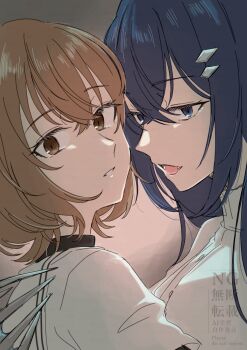 2girls blue_eyes blue_hair brown_eyes brown_hair claws commentary_request dress fang grey_background highres long_hair medium_hair mogusan multiple_girls open_mouth oumi_shiori parted_lips sailor_collar school_uniform shirt watashi_wo_tabetai_hitodenashi white_dress white_sailor_collar white_shirt yaotose_hinako yuri