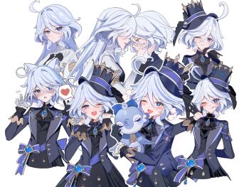 :p ahoge animal_ear_fluff animal_ears ascot asymmetrical_gloves black_ascot black_gloves black_shirt blue_eyes blue_hair blue_hat blue_jacket blush blush_stickers cat_ears claw_pose cropped_torso drop-shaped_pupils focalors_(genshin_impact) furina_(genshin_impact) genshin_impact gloves hair_between_eyes hashtag-only_commentary hat heart heterochromia highres jacket long_hair looking_at_viewer mismatched_gloves mismatched_pupils multiple_views one_eye_closed open_mouth shirt short_hair smile spoken_heart surintendante_chevalmarin symbol-shaped_pupils tongue tongue_out top_hat upper_body vision_(genshin_impact) white_background white_gloves xu_(anniechika)