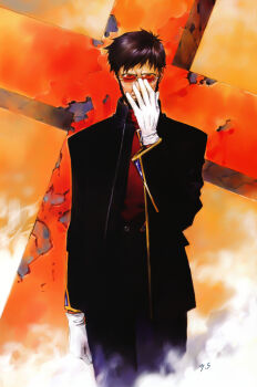 Rule 34 | 1boy, absurdres, black pants, closed mouth, cross, glasses, gloves, highres, ikari gendou, male focus, neon genesis evangelion, pants, sadamoto yoshiyuki, scan, solo, sunglasses, white gloves