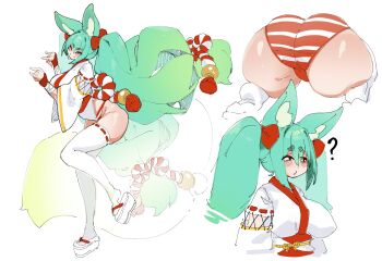 ? animal_ears ass ass_focus breasts covered_erect_nipples crr001 fingerless_gloves fox_ears fox_girl fox_shadow_puppet fox_tail geta gloves gradient_hair green_hair hair_ornament hair_ribbon haori highres huge_ass huge_breasts japanese_clothes large_ears large_tail long_hair miko multicolored_hair one_eye_closed original panties platform_clogs red_panties ribbon rope shimenawa shiny_skin standing standing_on_one_leg striped_clothes striped_panties tail thick_thighs thighhighs thighs twintails underwear very_long_hair white_background white_panties white_thighhighs wink