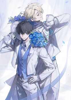 Rule 34 | 2boys, back-to-back, black hair, blue eyes, blue flower, blue lock, blue rose, blue vest, bouquet, buttons, closed mouth, collared shirt, commentary, eyeliner, flower, hand on own hip, height difference, highres, isagi yoichi, jacket, looking at another, looking at viewer, makeup, male focus, michael kaiser, multiple boys, pants, pcal pcal, red eyeliner, rose, shirt, short hair, short hair with long locks, standing, vest, waistcoat, white jacket, white pants, white shirt, yaoi