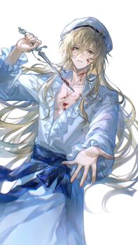 Rule 34 | 1boy, absurdres, alkaid mcgrath, alkaid mcgrath (god forsaken land), beret, blonde hair, blood, blood on chest, blood on face, bloody knife, blue sash, center frills, chinese commentary, collarbone, collared robe, commentary request, cowboy shot, cross, cuts, dagger, frilled sleeves, frills, hair between eyes, hand up, hat, hat ornament, highres, holding, holding dagger, holding knife, holding weapon, injury, knife, long hair, long sleeves, looking at viewer, lovebrush chronicles, male focus, offering hand, parted lips, partially unbuttoned, reno0727, robe, sash, simple background, solo, standing, star (symbol), star hat ornament, very long hair, waist sash, weapon, white background, white hat, white robe