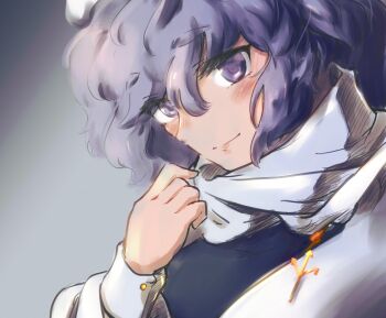 1girl black_vest blush commentary_request hair_between_eyes head_tilt letty_whiterock looking_at_viewer purple_eyes purple_hair scarf shirt smile solo touhou uisu_(noguchipint) upper_body vest white_scarf white_shirt